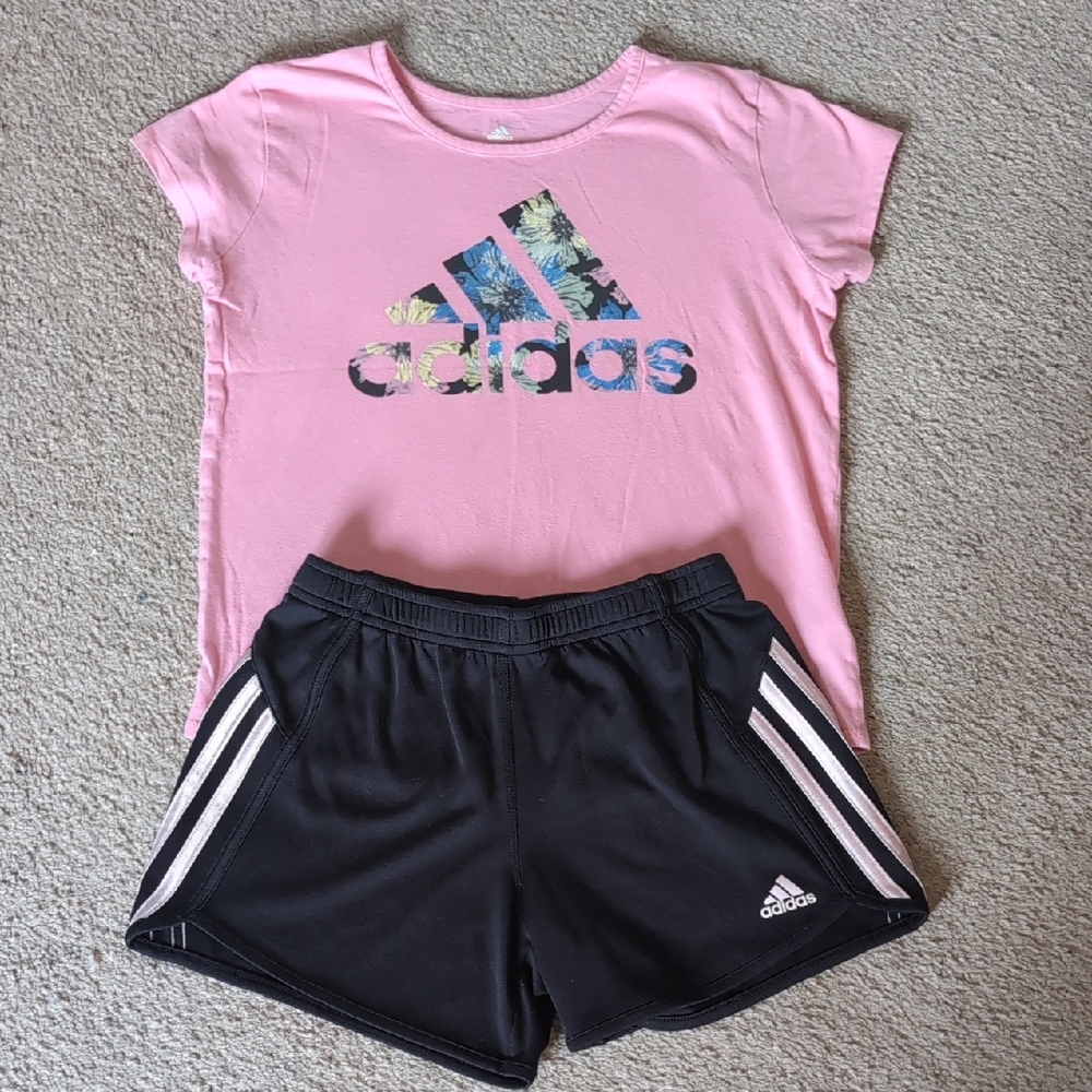 ⭐2/$20 Adidas Pink Graphic Logo Tee with Black Athletic Shorts